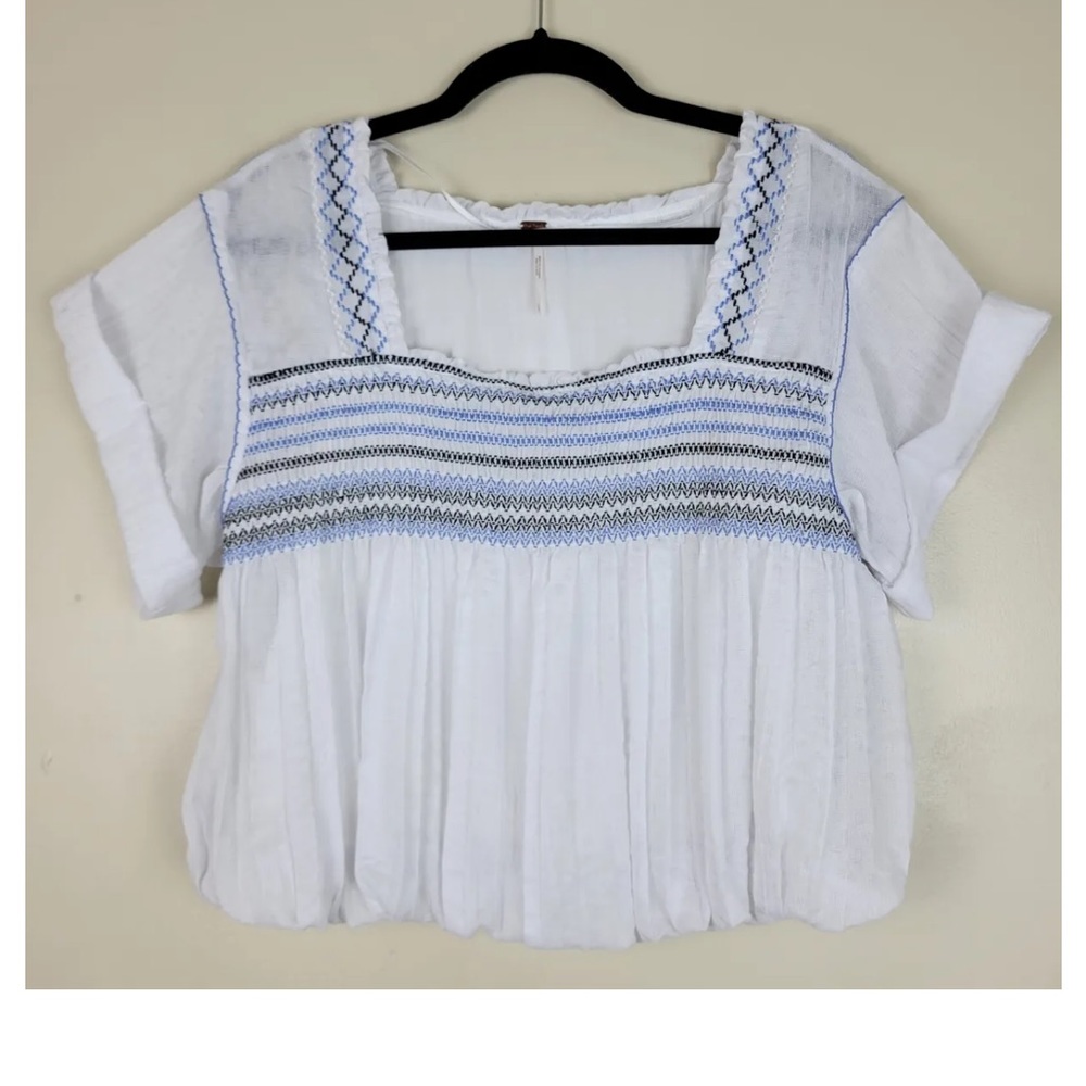 Free People Smocked White Crop Top w Blue Embroidery Details